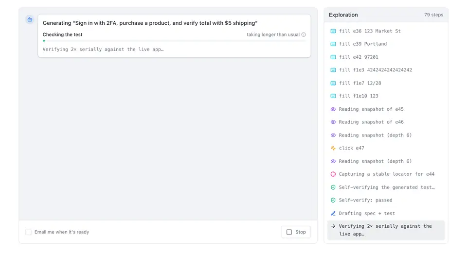 TestWatch dashboard while it generates the test “Sign in with 2FA, purchase a product, and verify total with $5 shipping”. The step log shows the agent filling the shipping address and the 4242 test card on the demo shop, then self-verify passed; the drafted test is being checked twice against the live app.
