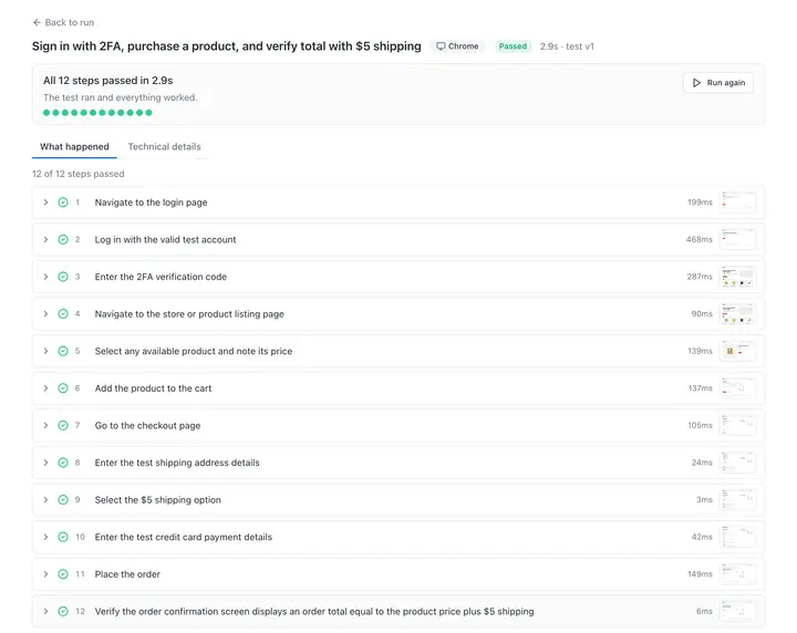 TestWatch result page for the checkout test on the demo shop's production environment: all 12 steps passed in 2.9 seconds, each step listed with its timing and a screenshot thumbnail.